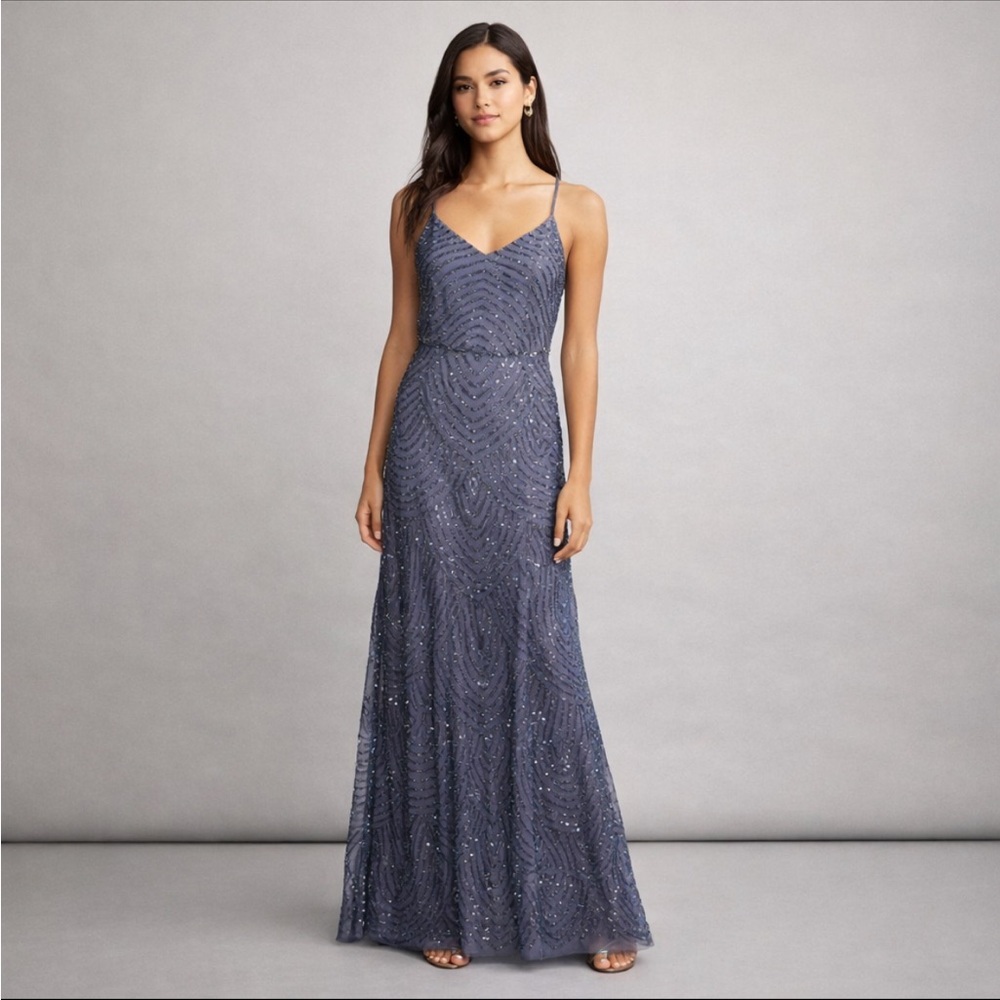 Adrianna Papell Navy Beaded Maxi Dress